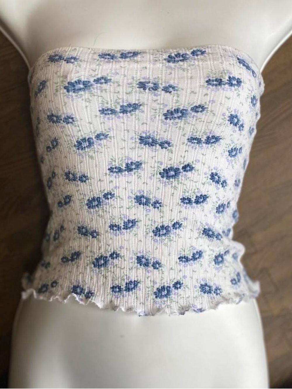 White Strapless Floral Tube Top with Blue Print